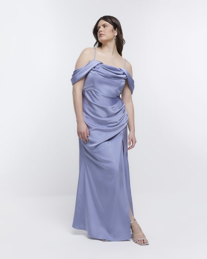 Blue Bridesmaid Bardot Maxi Dress