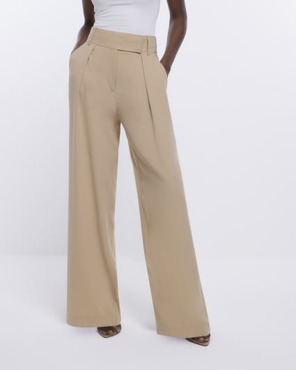 Beige wide leg pleated trousers