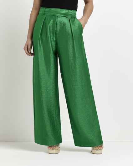 Petite green satin wide leg trousers