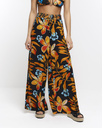 Black floral wide leg trousers