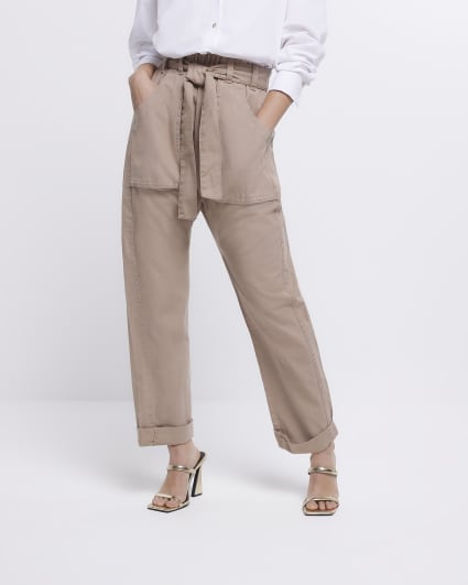 Beige paperbag slim trousers