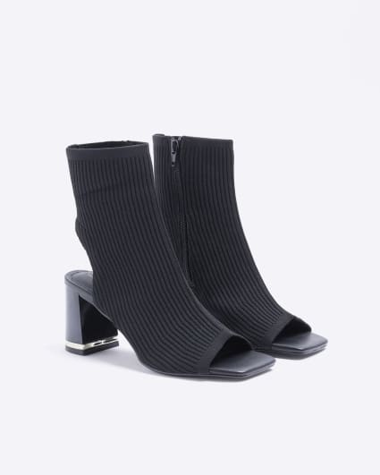 Black wide fit knit heeled ankle boots