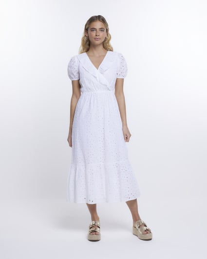 White Brodeire Wrap Midi Dress