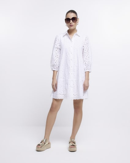 White broderie mini shirt dress