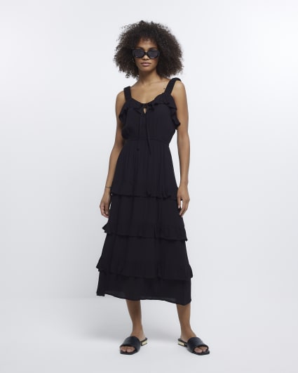 Black Frill Layered Midi Dress