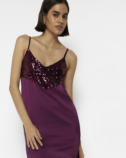 Red satin sequin slip midi dress