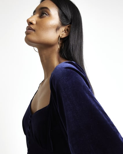 Navy velvet long sleeve midi dress