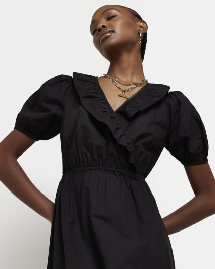 Black puff sleeve wrap midi dress