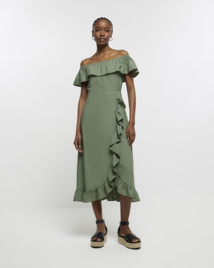 Khaki Bardot Frill Midi Dress