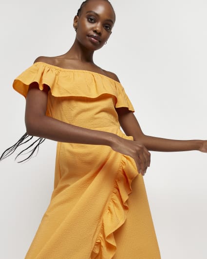 Orange  Bardot Frill Midi Dress