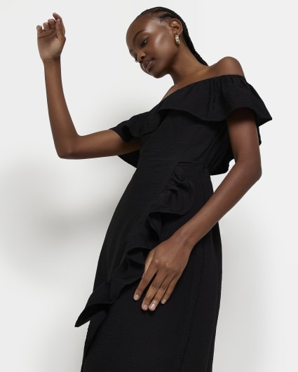 Black Bardot Frill Midi Dress