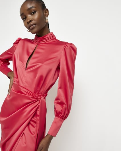 Red cut out long sleeve wrap midi dress
