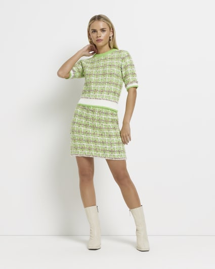 Petite green check knit short sleeve top