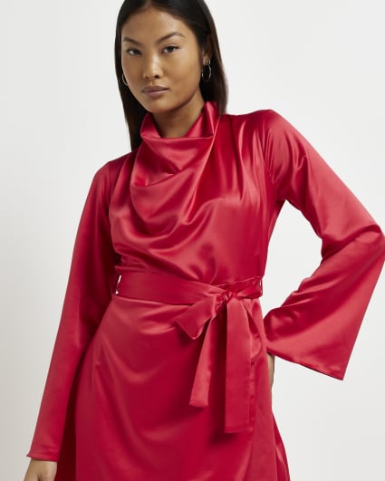 Petite red satin high neck mini dress