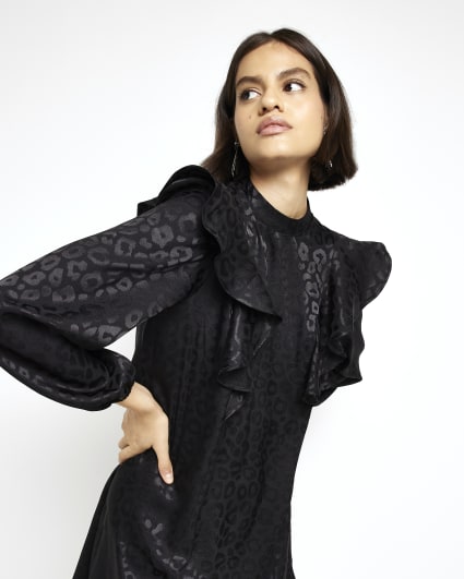 Black jacquard frill shift mini dress