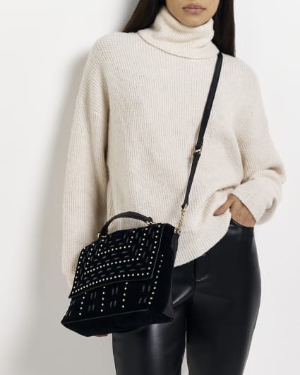 Black suede studded cross body bag