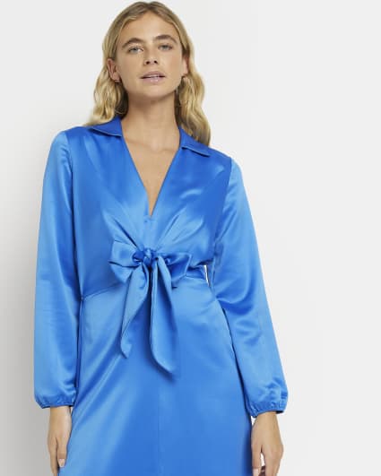 Blue bow detail midi shirt dress