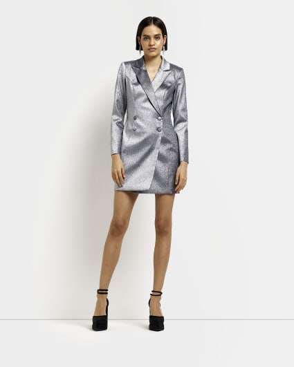 Silver long sleeve wrap mini blazer dress