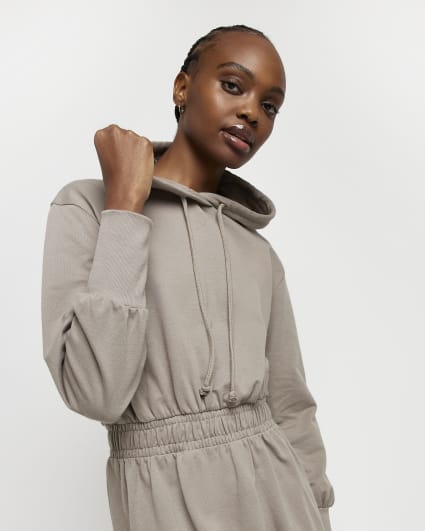 Beige hooded sweatshirt midi dress