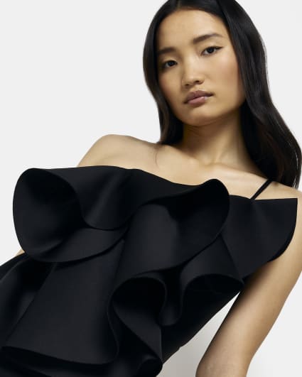 Black one shoulder frill mini dress
