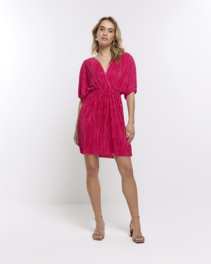 Pink plisse short sleeve wrap mini dress