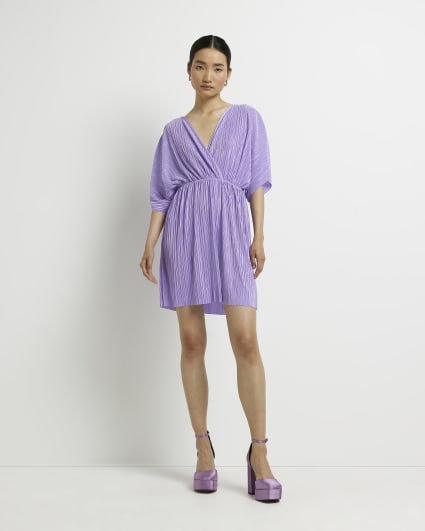 Purple plisse short sleeve wrap mini dress