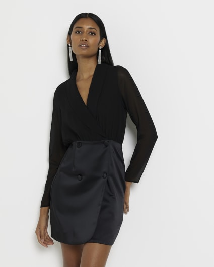 Black satin wrap mini blazer dress