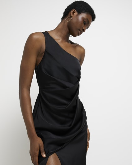Black one shoulder satin wrap midi dress