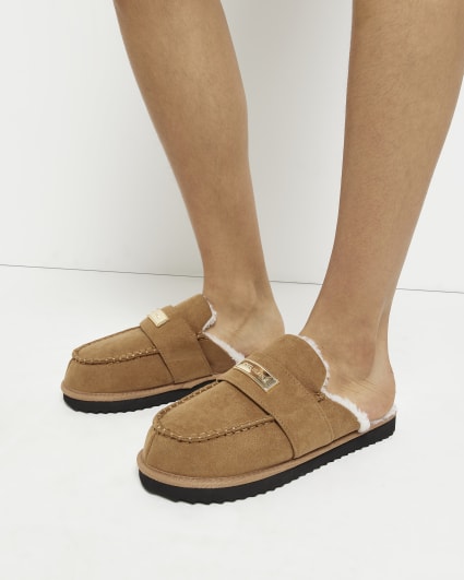 Brown borg lined mule slippers