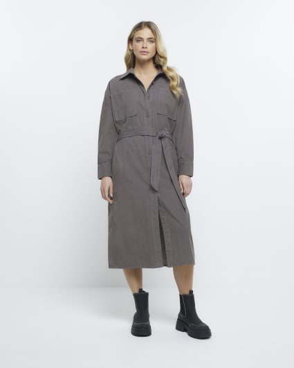 Grey corduroy long sleeve midi shirt dress