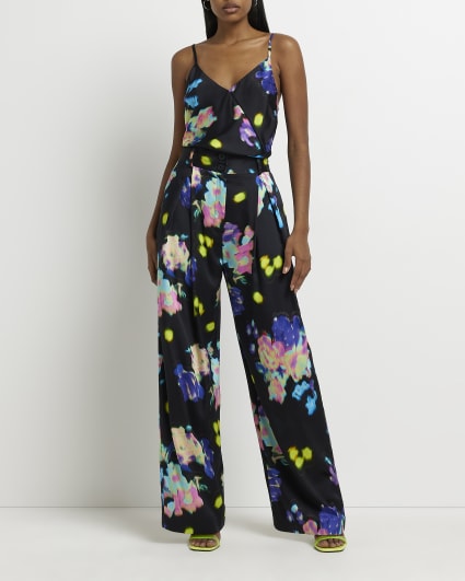Black floral wide leg trousers