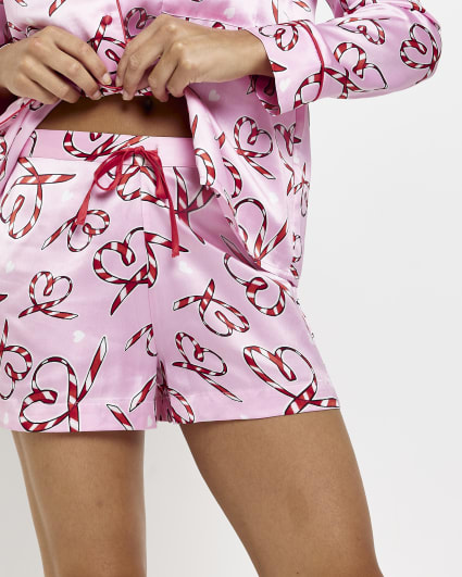 Petite pink satin Christmas pyjama shorts