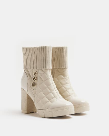 Cream quilted heeled ankle boot
