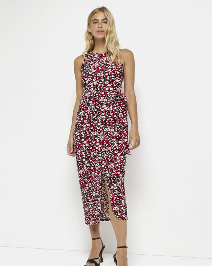 Red floral wrap midi dress