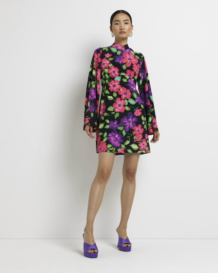 Black floral flute sleeves mini dress