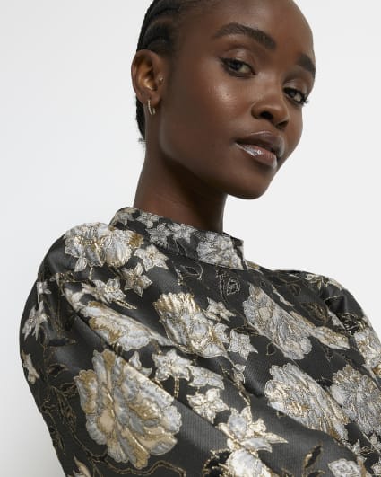 Black jacquard floral smock mini dress