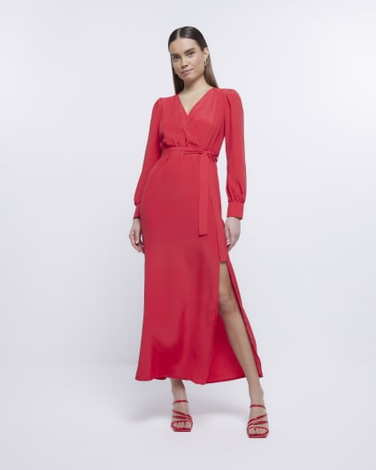Red long sleeve wrap maxi dress