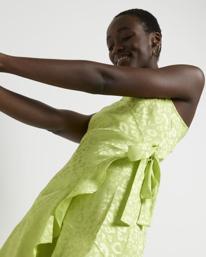 Lime green animal print satin wrap mini dress