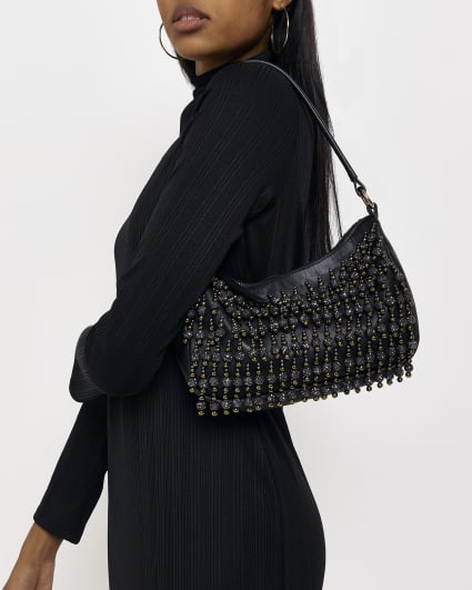 Black leather beaded shoulder bag