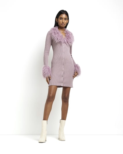 Purple faux fur bodycon cardigan mini dress