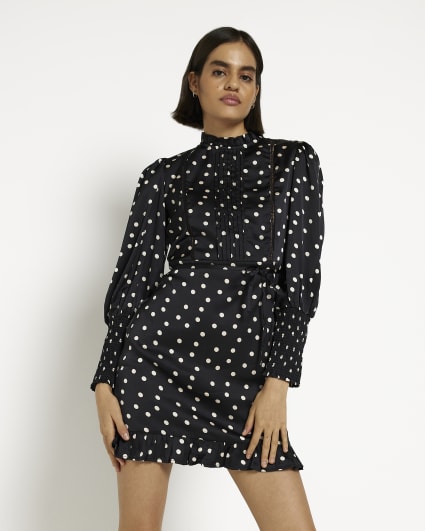 Black satin spot high neck swing mini dress