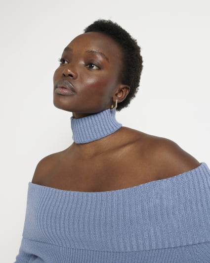 Blue knit bardot bodycon midi dress