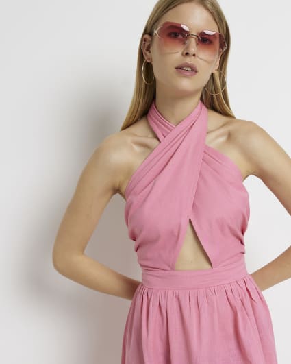 Pink linen halter neck midi dress