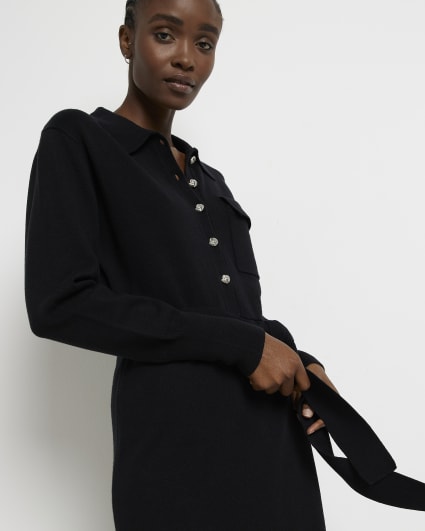Black knit belted jumper midi dress