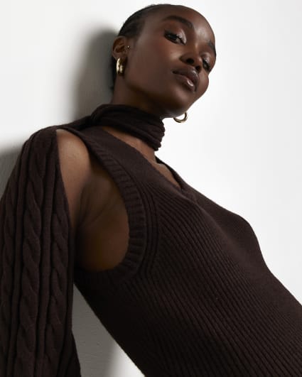 Brown knit cut out bodycon midi dress