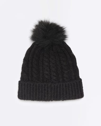 Black pom pom cable knit beanie hat
