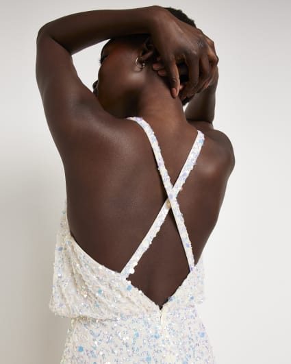 White sequin halter neck maxi dress