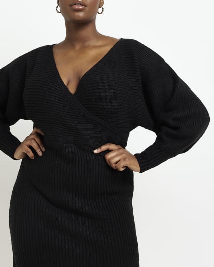 Plus black knit wrap jumper mini dress