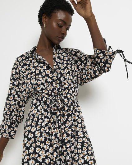 Black floral midi shirt dress
