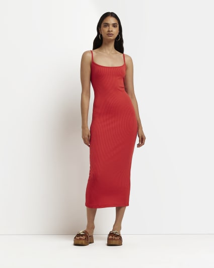 Red knitted bodycon midi dress